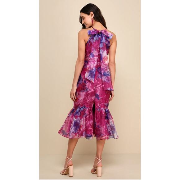 Lulus Magenta Floral Organza Tie Bow Back Trumpet Midi Dress Size Small - Picture 10 of 10